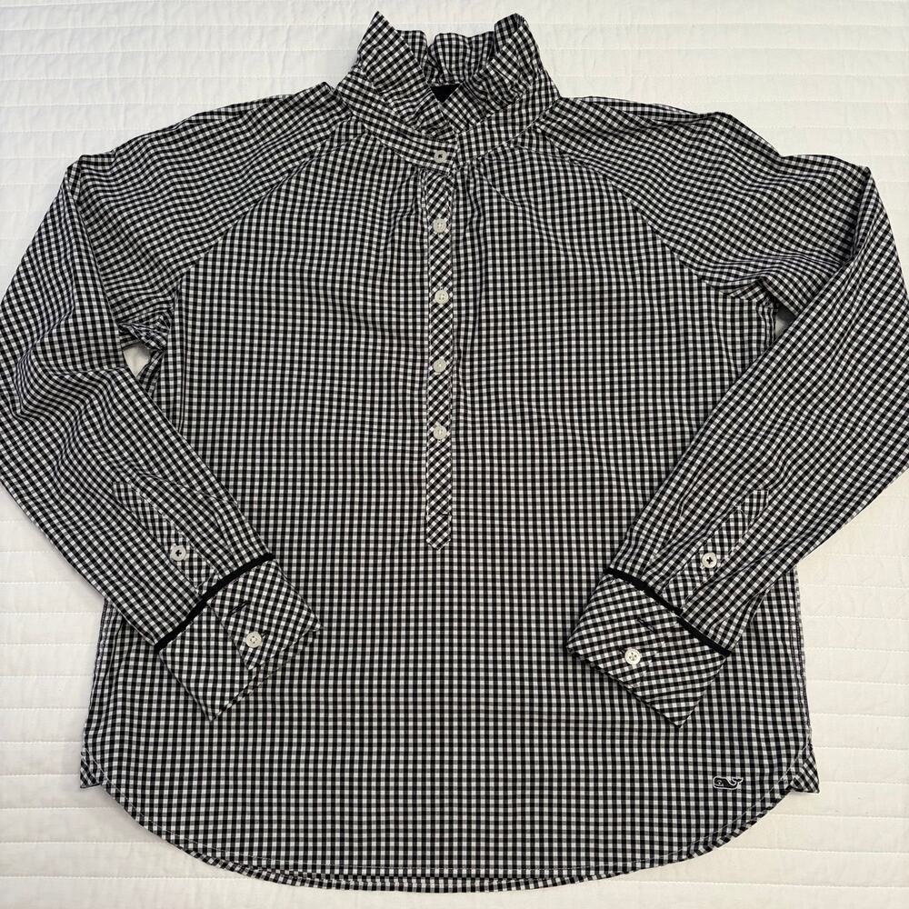 Vineyard Vines Black White Gingham Ruffle Long Sleeve Pullover Top Womens 10